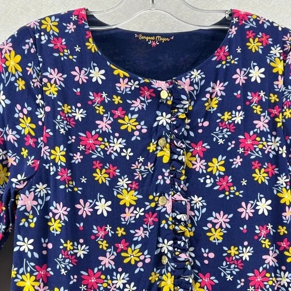 Sergent Major Dress Sz 146cm 11Y A-Line Floral Button Front Ruffled Pleated Blue - Picture 4 of 13